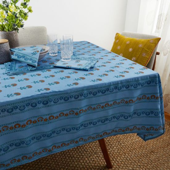 Marigold Silk-Cotton Tablecloth - Blue/Orange
